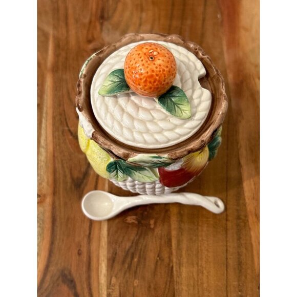 Fitz & Floyd Mediterranean Fruit Sugar Bowl Jam Jar Lid Spoon Vintage 1992 - Picture 5 of 10